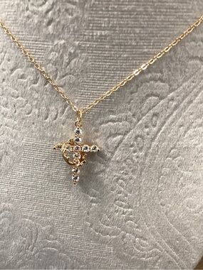 Stainless Steel Gold CZ Cross Pendant Necklace with gold crown